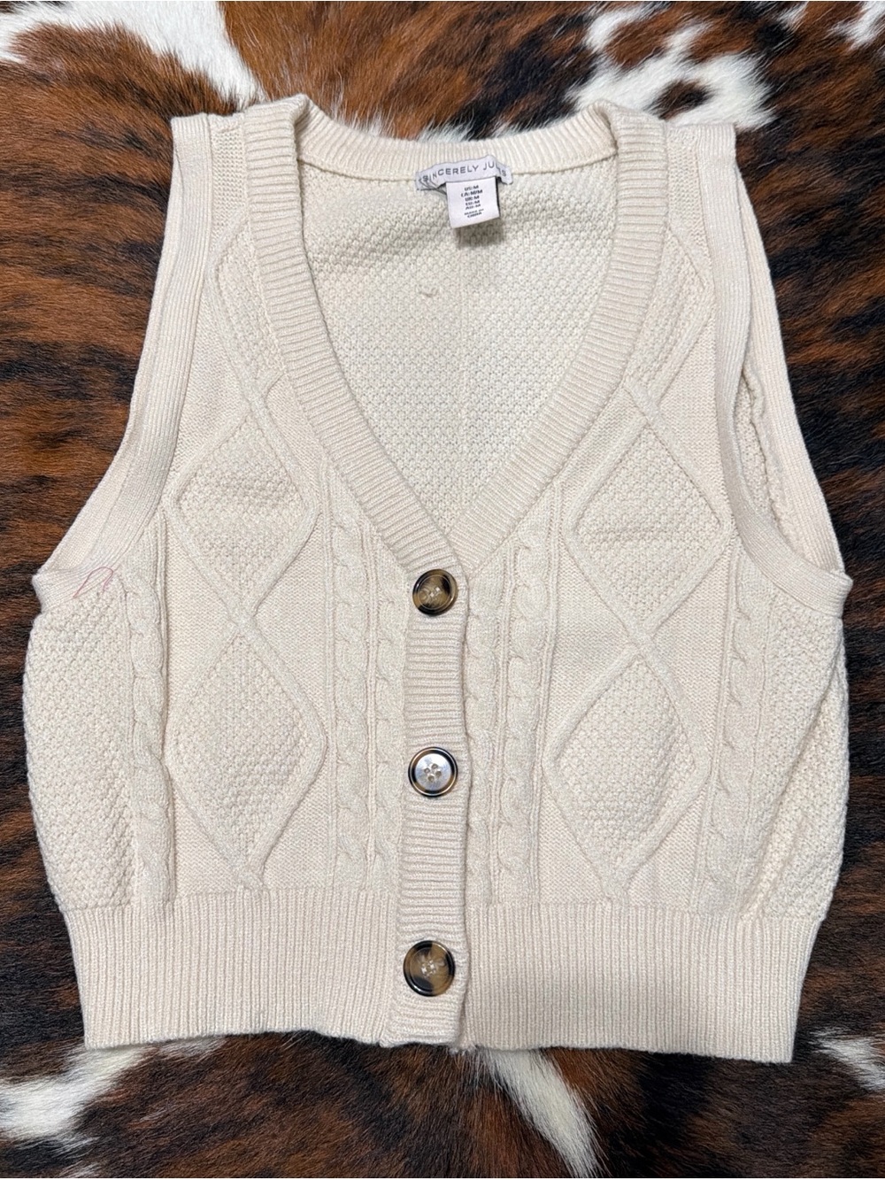 Sincerely Jules Cream Cable Knit Button Front Sweater Vest